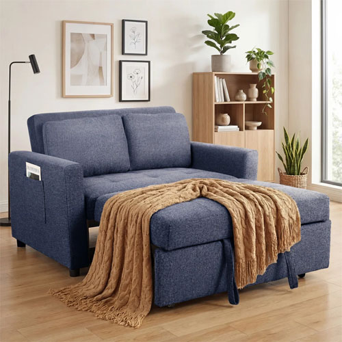 Blue loveseat sofa bed with two cushions, accompanied by a matching ottoman draped with a brown blanket. The room features a floor lamp, framed wall art, and a bookshelf with plants and decor.