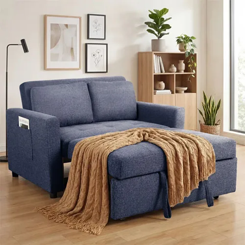 Blue loveseat sofa bed with two cushions, accompanied by a matching ottoman draped with a brown blanket. The room features a floor lamp, framed wall art, and a bookshelf with plants and decor.
