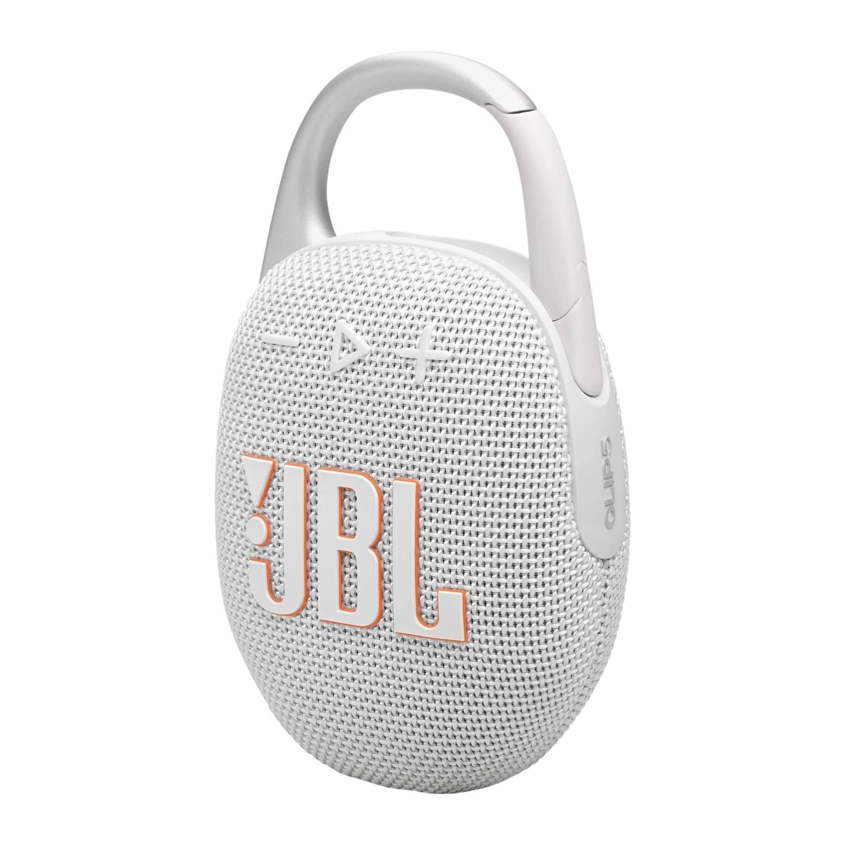 A portable JBL Clip 5 Bluetooth speaker with a white, textured finish, featuring the JBL logo and control buttons on the front, along with a built-in carabiner for easy attachment.