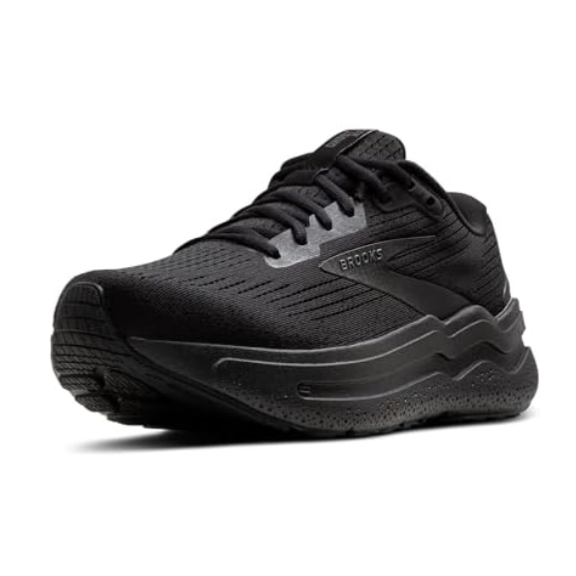 A black athletic running shoe with the brand name \“Brooks\“ on the side, featuring a cushioned sole and mesh upper for breathability.