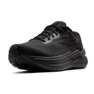 A black athletic running shoe with the brand name \“Brooks\“ on the side, featuring a cushioned sole and mesh upper for breathability.