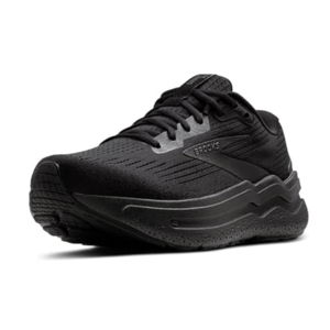A black athletic running shoe with the brand name \“Brooks\“ on the side, featuring a cushioned sole and mesh upper for breathability.