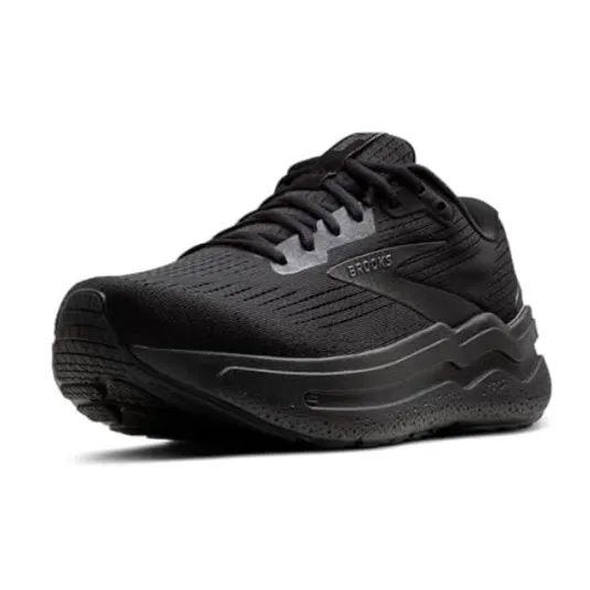 A black athletic running shoe with the brand name \“Brooks\“ on the side, featuring a cushioned sole and mesh upper for breathability.
