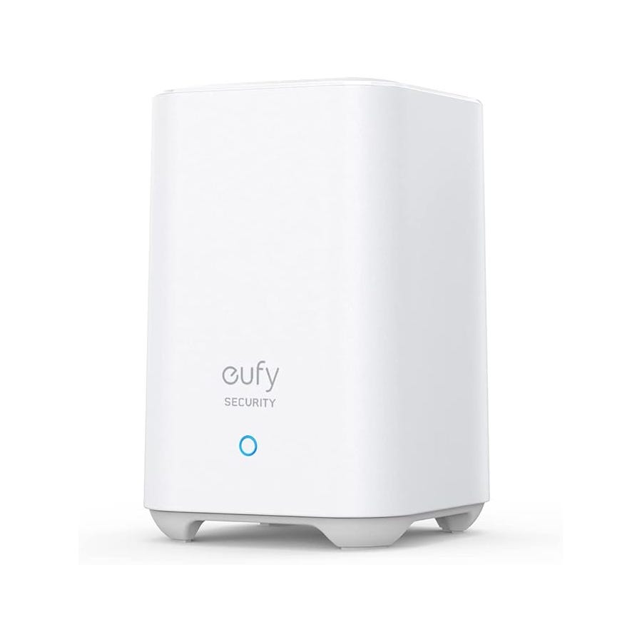 Eufy Security HomeBase, a central hub used for managing Eufy security devices, featuring a sleek white design with a small indicator light.