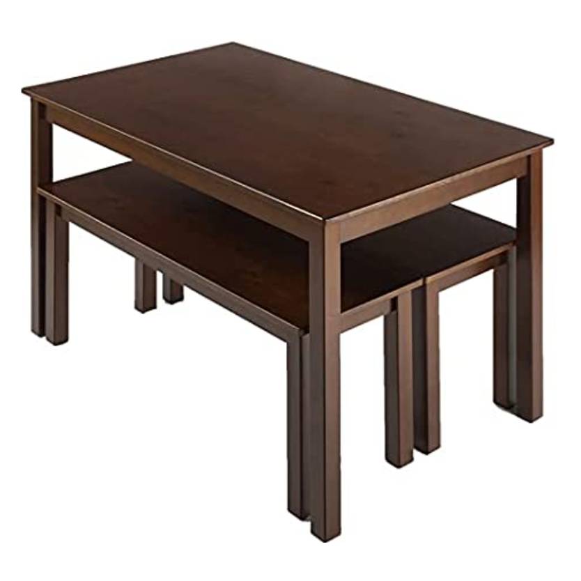 A nesting set featuring a rectangular wooden table with a smaller table stored underneath, offering a space-saving solution with a sleek, minimalist design.