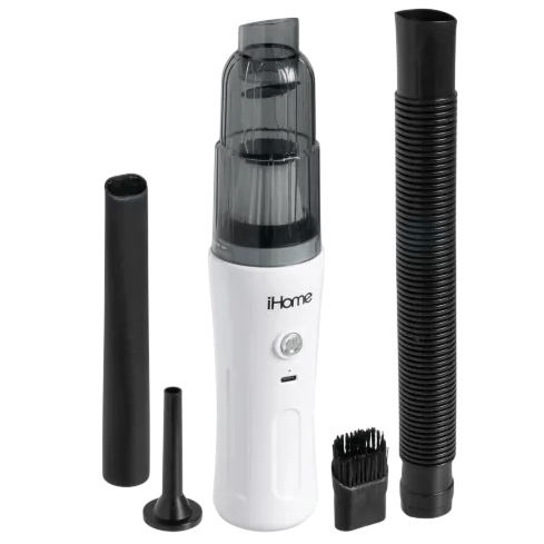 A white iHome handheld vacuum cleaner with several attachments, including a crevice tool, dusting brush, and flexible hose, displayed on a gray background.