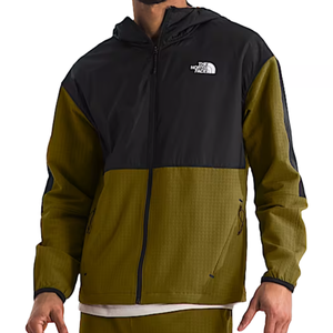 The North Face Tekware Grid Hybrid Jacket features a two-tone design with black on the upper half and olive green on the lower half and sleeves, complete with a hood and front zipper. The North Face logo is on the chest.