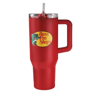 Red 40-oz tumbler with a handle and clear lid featuring a straw, adorned with the Bass Pro Shops logo showing a fish.