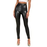 High-waisted black faux leather leggings paired with silver pointed-toe heels and a cropped white top.