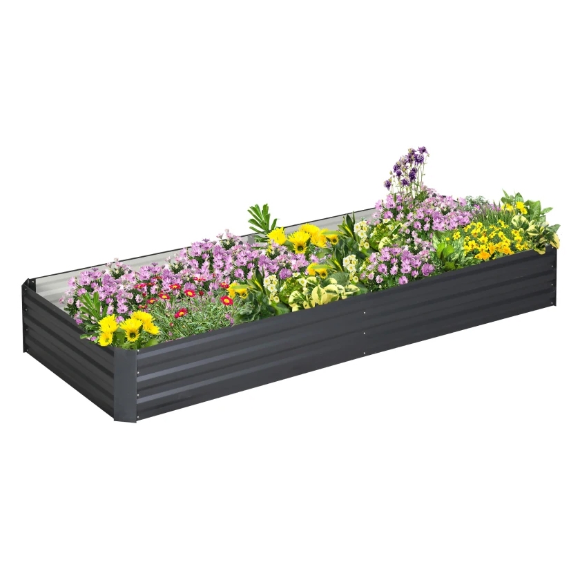 A rectangular black metal raised garden bed filled with various colorful flowers.