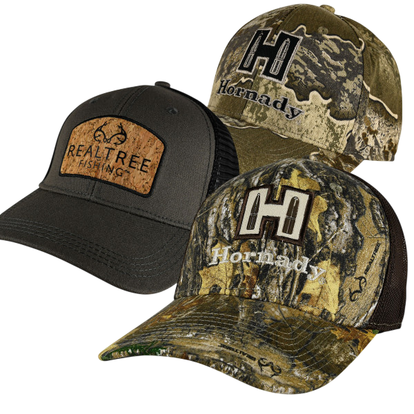 A 3-pack of caps featuring two camo design caps with the \“Hornady\“ logo and one black cap with the \“Realtree Fishing\“ logo.