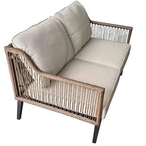 A two-seater sofa with a woven rope design on the sides and back, featuring beige cushions and a wooden frame with black legs.