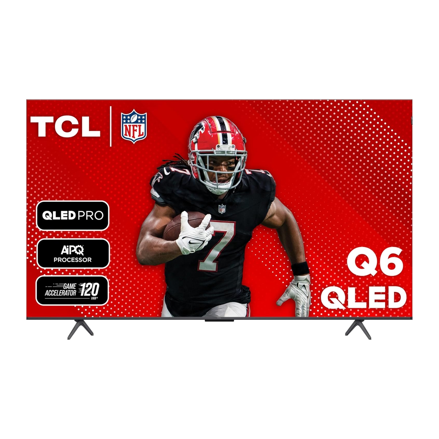 TCL 75\“ 4K Google TV featuring QLED Pro, AiPQ Processor, and Game Accelerator 120. The TV is branded with the NFL logo and displays an image of an American football player.