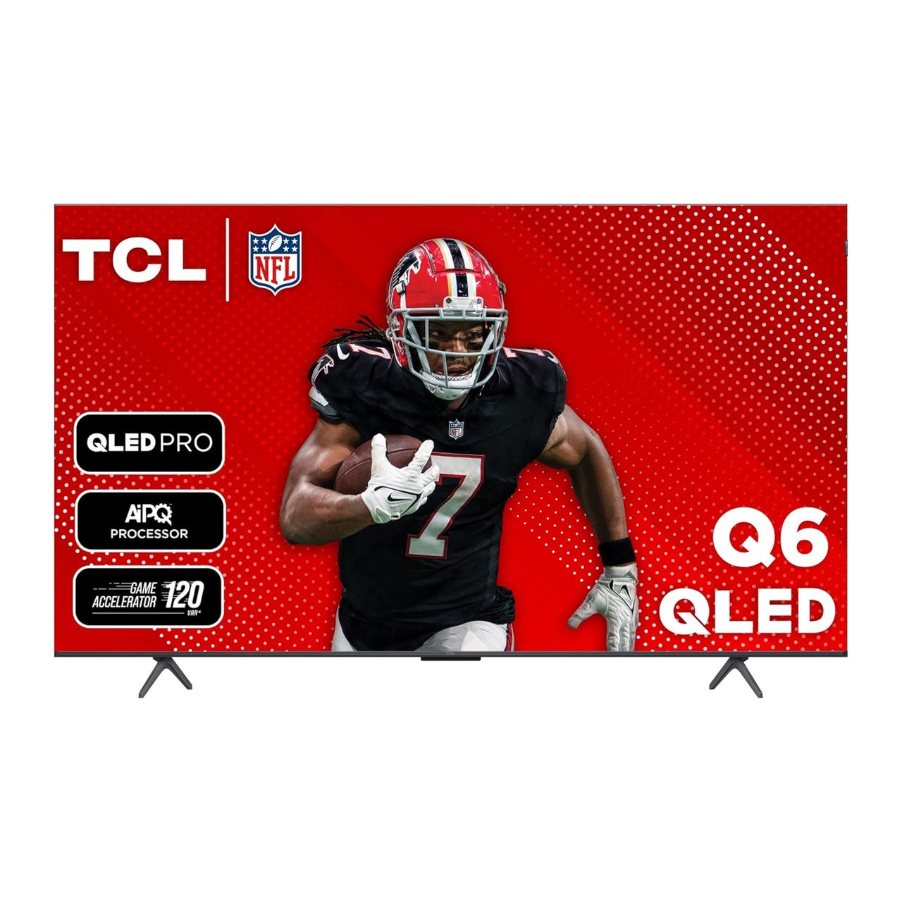 TCL 75\“ 4K Google TV featuring QLED Pro, AiPQ Processor, and Game Accelerator 120. The TV is branded with the NFL logo and displays an image of an American football player.