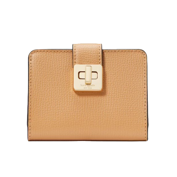 A beige leather wallet with a textured finish, featuring a rectangular gold-tone clasp closure.