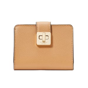A beige leather wallet with a textured finish, featuring a rectangular gold-tone clasp closure.