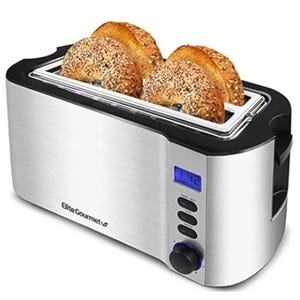 The image shows a stainless steel long-slot toaster with two wide slots, accommodating four bagel halves. It features an LED display, several buttons, and a dial for adjustable settings, branded as Elite Gourmet.