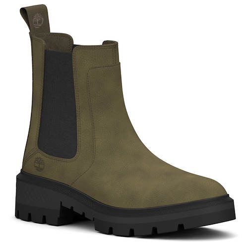Olive green Chelsea boots with black elastic side panels, featuring a thick black sole and a pull-on loop at the back. The upper bears a subtle embossed logo.