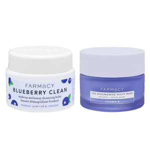 Farmacy Blueberry Clean makeup meltaway cleansing balm and 10% Niacinamide Night Mask with Vitamin B for smoothing and refining pores.