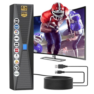 Indoor HDTV antenna with a 4K 1080p capacity, featuring logos of networks like ABC, NBC, FOX, and others, includes a USB power cable and coaxial cable for connection to a TV.