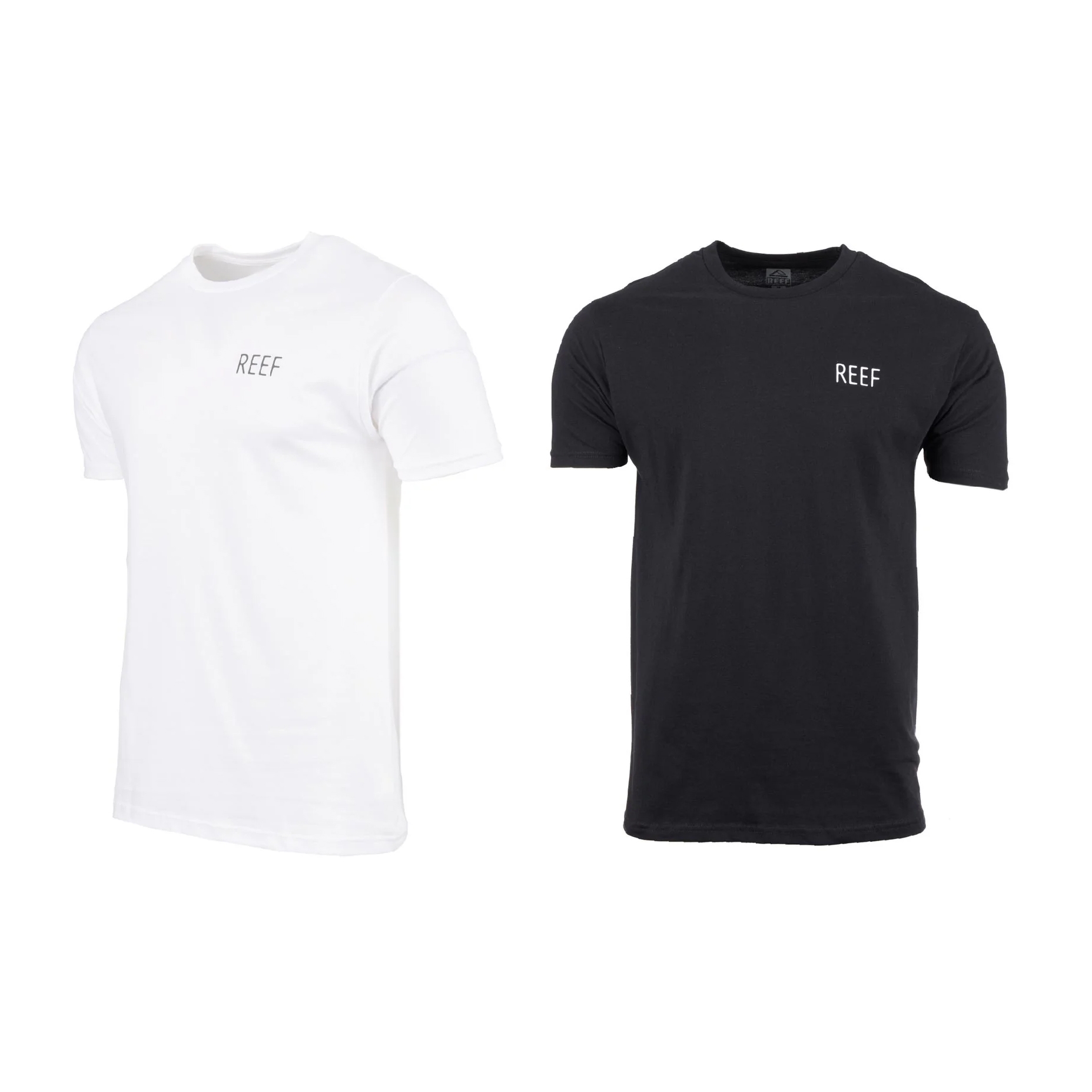 Two T-shirts, one white and one black, both with the REEF logo on the front.