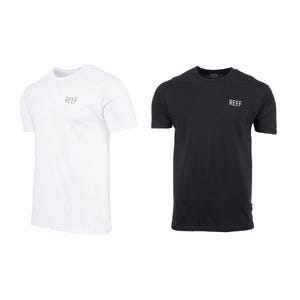 Two T-shirts, one white and one black, both with the REEF logo on the front.