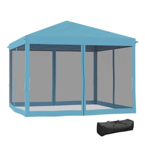 A blue outdoor gazebo with mesh netting and a peaked roof is shown, accompanied by a black carrying bag.