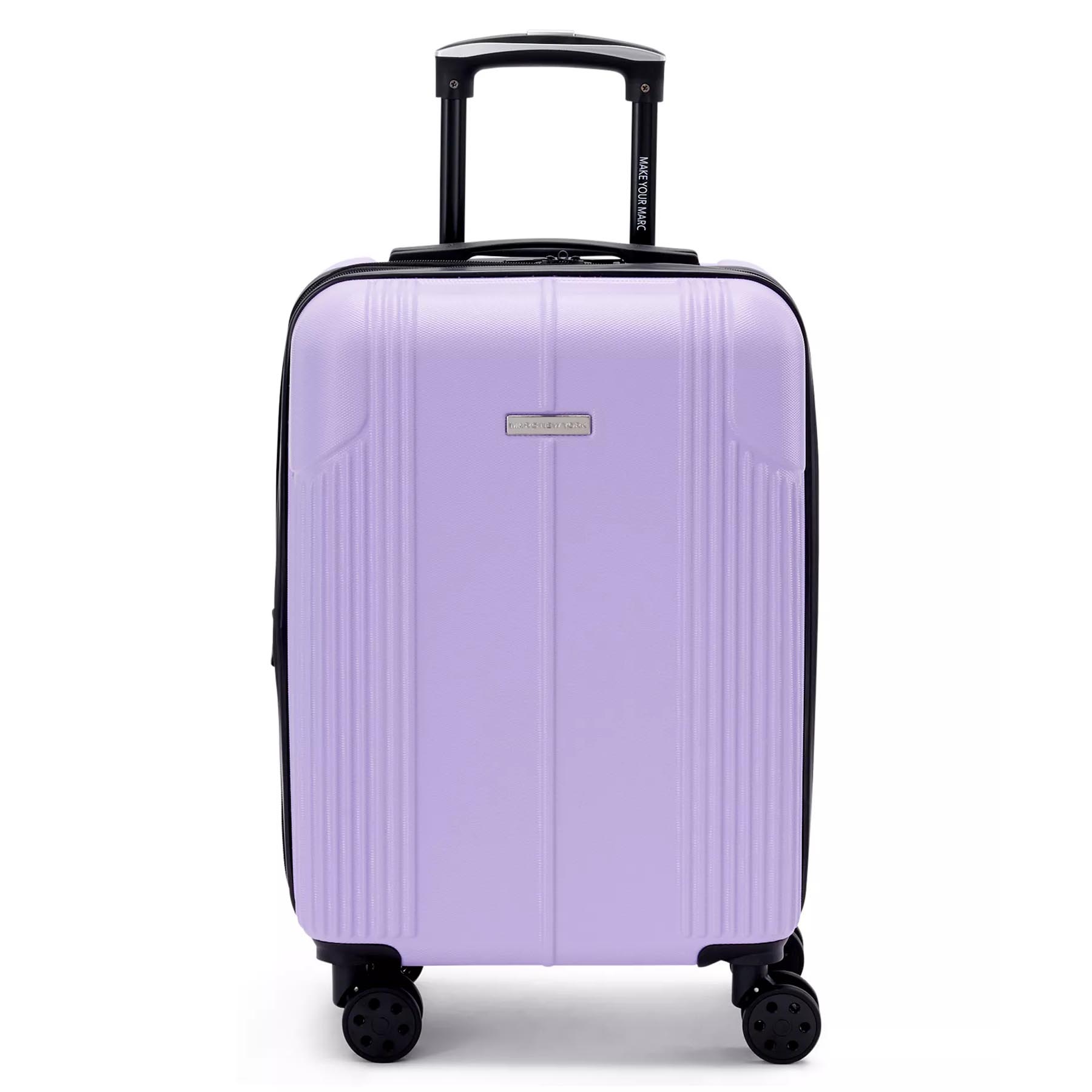 A lavender hard-shell carry-on suitcase with black telescopic handle and four black spinner wheels.