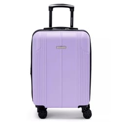 A lavender hard-shell carry-on suitcase with black telescopic handle and four black spinner wheels.