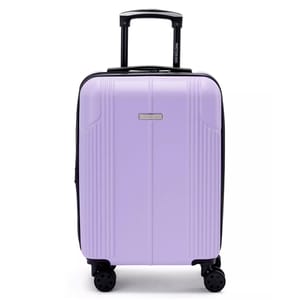 A lavender hard-shell carry-on suitcase with black telescopic handle and four black spinner wheels.