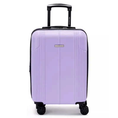 A lavender hard-shell carry-on suitcase with black telescopic handle and four black spinner wheels.