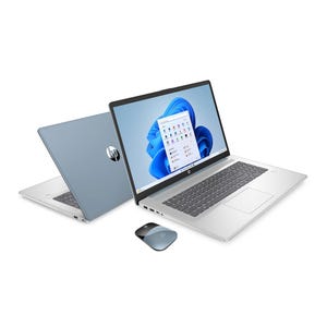 HP 14\“ Touch Laptop with Microsoft 365, featuring a sleek silver design, Windows operating system, and an accompanying HP mouse.