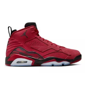 Red and black high-top sneakers featuring a distinctive air cushioning design, eyelet detailing, and the Jumpman logo on the side.