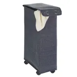 Tall, rectangular laundry hamper on wheels with a dark fabric exterior and a lid, partially open to reveal a cream-colored lining.
