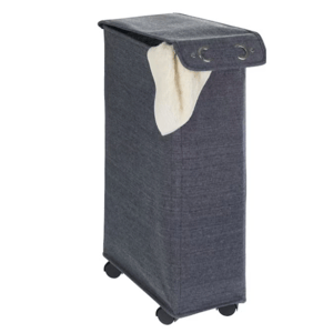 Tall, rectangular laundry hamper on wheels with a dark fabric exterior and a lid, partially open to reveal a cream-colored lining.