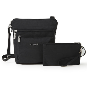 Black Baggallini Pocket Crossbody with adjustable strap, featuring two main zippered compartments, additional front zipped pocket, and a detachable wristlet pouch.