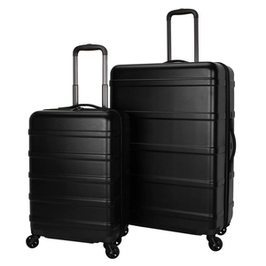 Two black hard-shell suitcases with extendable handles and four wheels each, in small and large sizes, standing side by side.