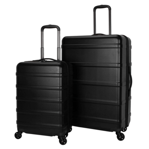 Two black hard-shell suitcases with extendable handles and four wheels each, in small and large sizes, standing side by side.