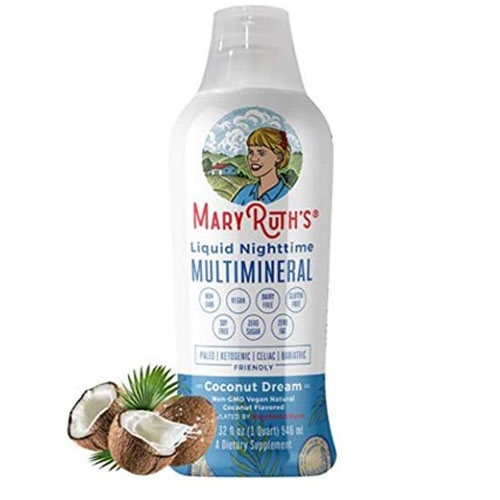 MaryRuth's Liquid Nighttime Multimineral in \“Coconut Dream\“ flavor, 32 fl oz bottle, non-GMO, vegan, keto, celiac, and bariatric friendly.