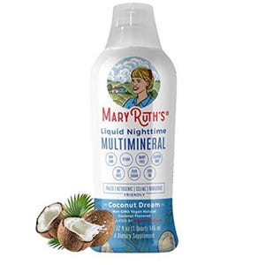 MaryRuth's Liquid Nighttime Multimineral in \“Coconut Dream\“ flavor, 32 fl oz bottle, non-GMO, vegan, keto, celiac, and bariatric friendly.