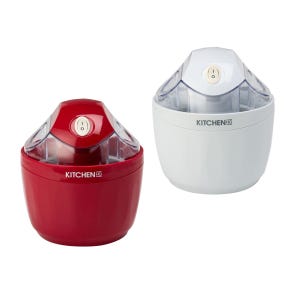 Set of two 1-pint ice cream makers in red and white, featuring a compact design with transparent lids and an on/off switch at the top.