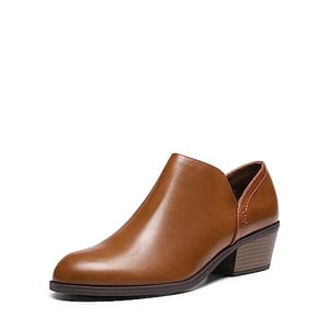 Brown ankle booties with a low block heel and a smooth, rounded toe design. The shoes have a slip-on style with elastic side panels.