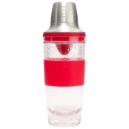 A cocktail shaker with a stainless steel top and a clear body with a red silicone grip.