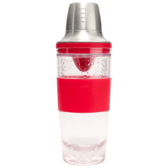 A cocktail shaker with a stainless steel top and a clear body with a red silicone grip.