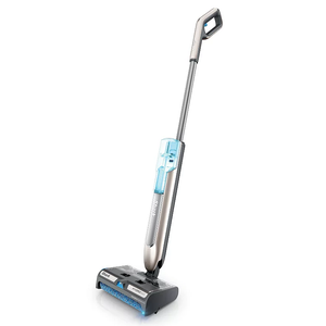 The Shark Duo Floor Cleaner is a lightweight, cordless device with a slim, upright design. It features a blue cleaning solution tank and a dual-texture floor head for effective dust and debris removal on different surfaces.