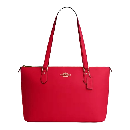 Bright red Coach Gallery Tote with dual shoulder straps, gold-tone logo and tag, zippered top, and minimalist design.