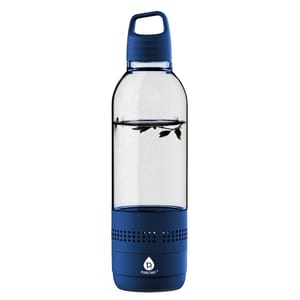 A blue water bottle with a built-in speaker at the base, featuring a clear body and a blue screw-on lid with a handle.