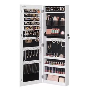 A wall-mounted jewelry and makeup organizer with sections for earrings, bracelets, necklaces, makeup brushes, lipsticks, and nail polish, featuring a lockable door and white frame.