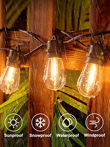 A string of Edison-style LED lights is shown, with four icons indicating they are sunproof, snowproof, waterproof, and windproof.