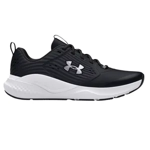 A black and white Under Armour athletic shoe with a sleek design, featuring the brand's logo on the side, a cushioned sole, and lace-up closure.
